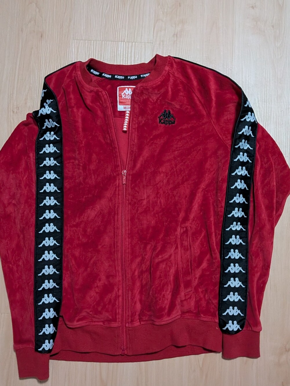 Kappa Velour Track Jacket Mens Medium Red Full Zip Omini Logo Tape Sleeve